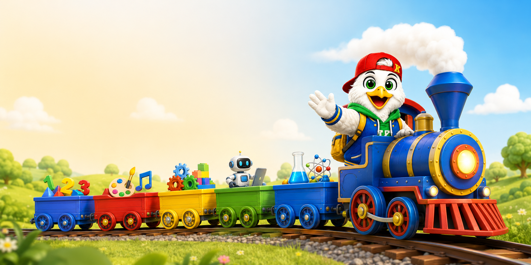 Codie riding a colorful learning train filled with science, technology, engineering, arts, and mathematics activities